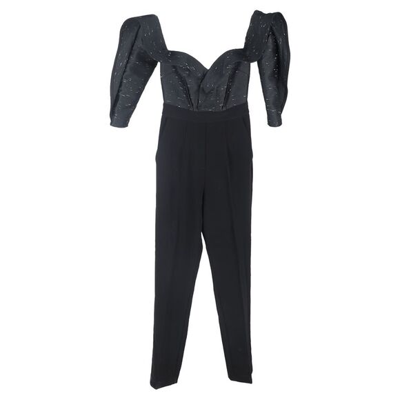 Self-Portrait Pants - Self-Portrait Off-Shoulder Sweetheart Neckline Jumpsuit in Black Polyester